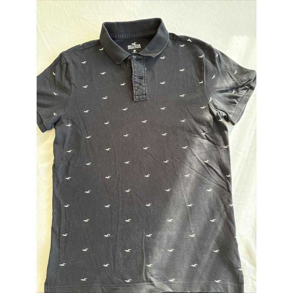 Hollister Mens Short Sleeve Polo Shirt Black Seagull Print Advanced Stretch M